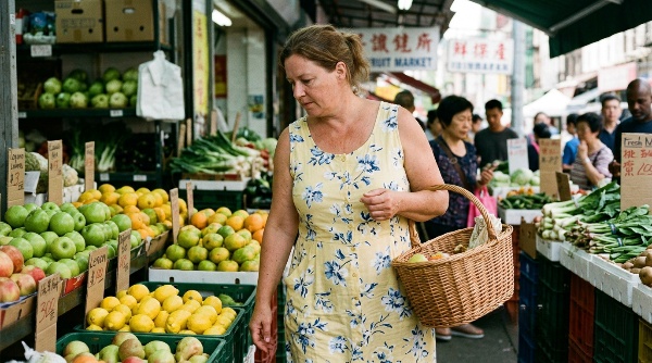 Woman over 50 selecting fresh organic citrus at an outdoor market